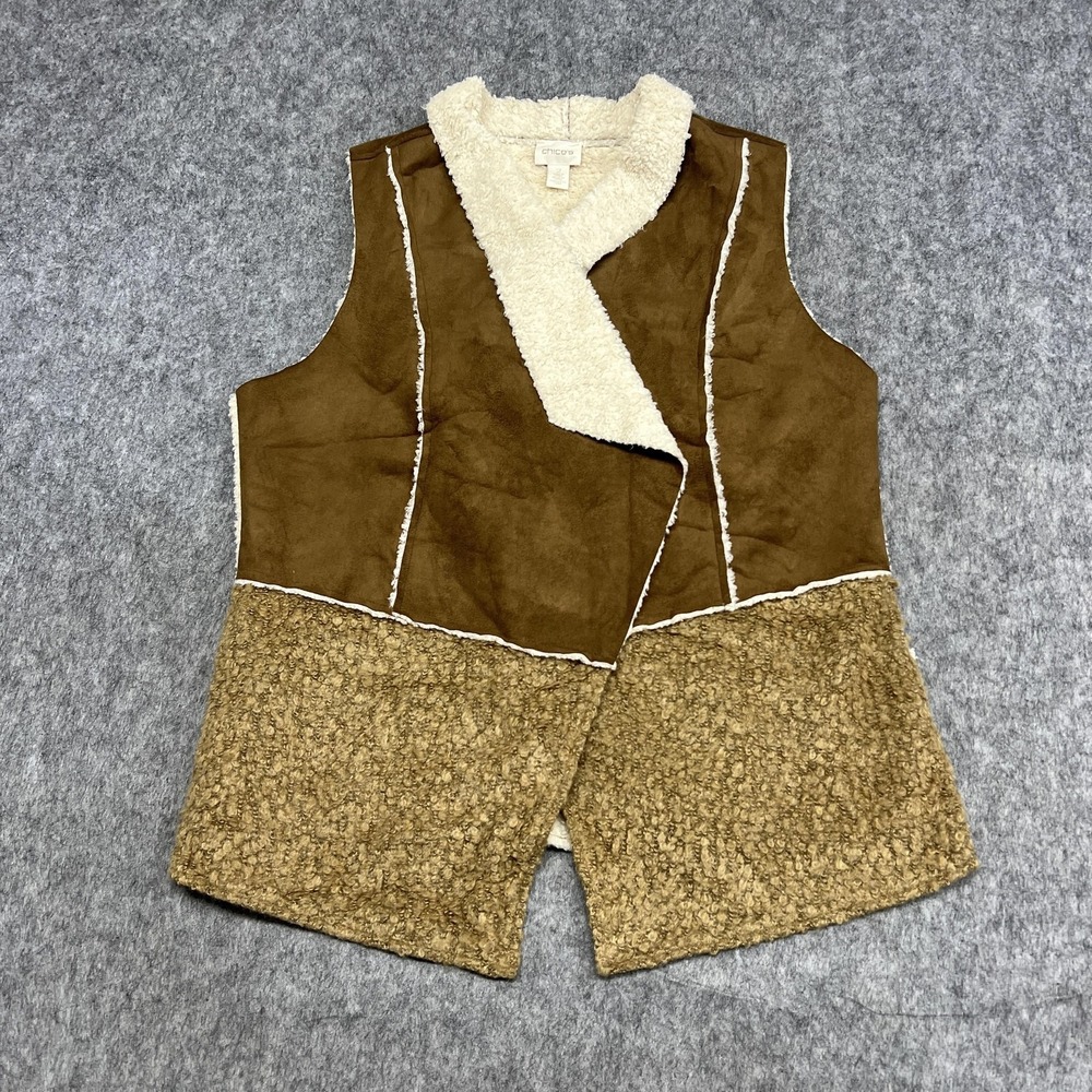 Chicos Vest Womens 2 Brown Faux Suede Sherpa Lined Long Western Bodywarmer